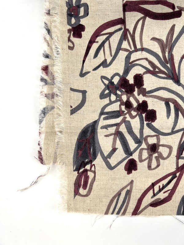 Hokkoh - Cotton Linen Sheeting - Ink Drawn Floral - Maroon on Natural