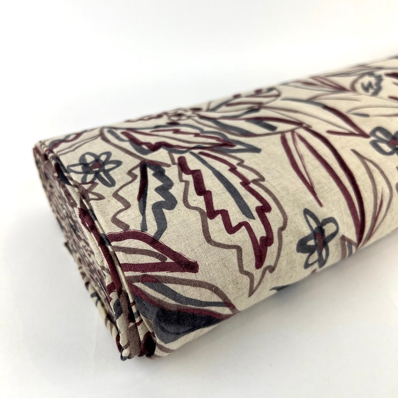 Hokkoh - Cotton Linen Sheeting - Ink Drawn Floral - Maroon on Natural