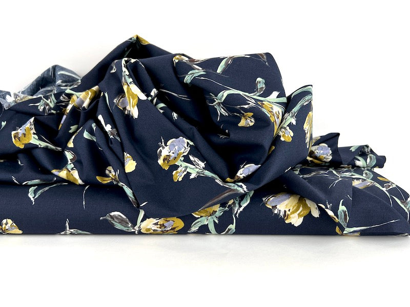 Hokkoh - Cotton Lawn - Painterly Flowers with Stems - Ochre and Navy