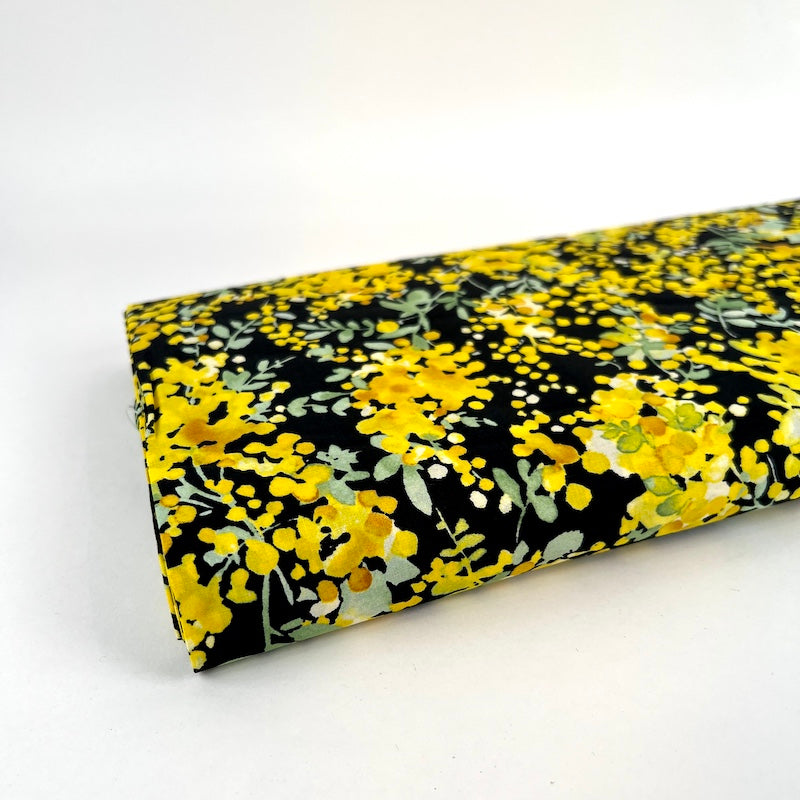 Kokka - Cotton Lawn - Acacia Flowers - Yellow on Black