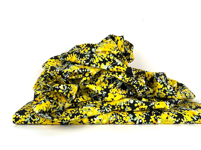 Kokka - Cotton Lawn - Acacia Flowers Watercolor - Yellow on Black