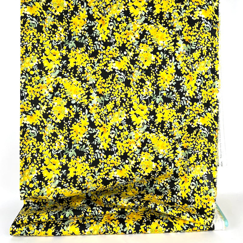Kokka - Cotton Lawn - Acacia Flowers Watercolor - Yellow on Black