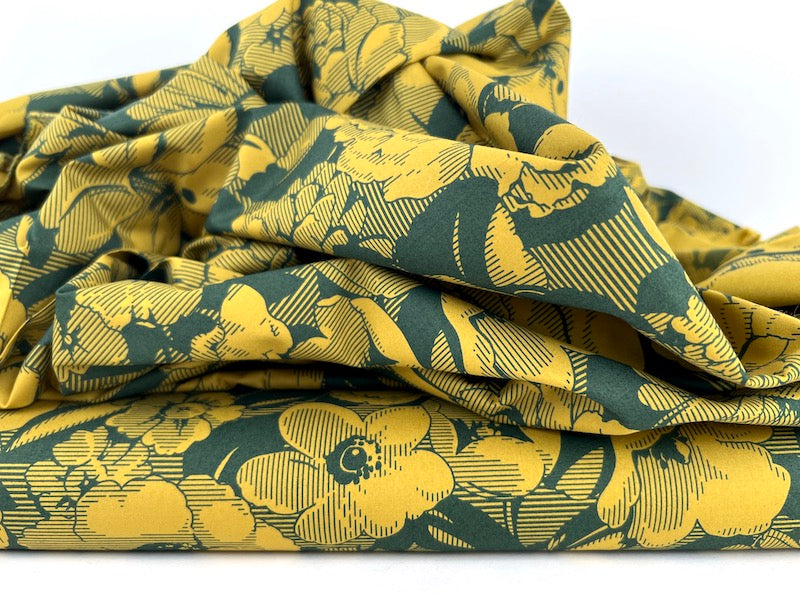 Hokkoh - Cotton Lawn - Ink Shaded Flowers - Mustard and Forest