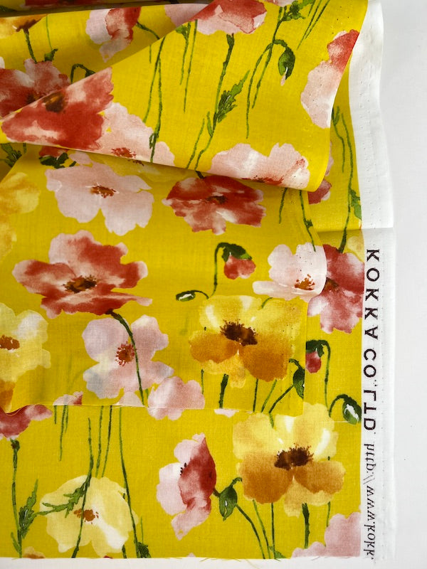 Kokka - Cotton Lawn - Watercolor Poppies - Sunshine