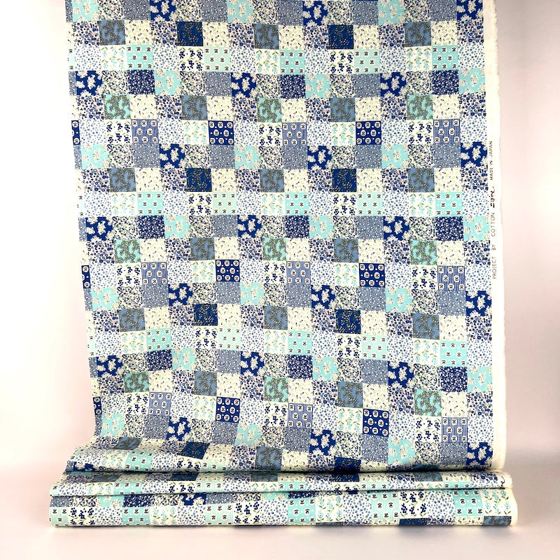 SALE! Kobayashi - Cotton Broadcloth - Tiny Floral Checkerboard - Aqua