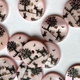 Textile Garden - River Shell Button - 15mm -  Pale Pink with Trees, Rabbit, and Deer
