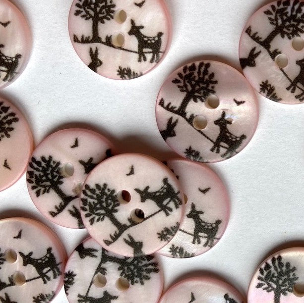 Textile Garden - River Shell Button - 15mm -  Pale Pink with Trees, Rabbit, and Deer