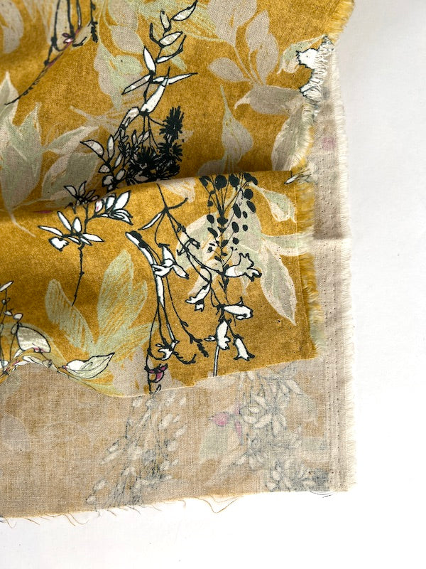 Hokkoh - Linen Cotton Sheeting - Sketch Scribble Leaves and Flowers - Gold