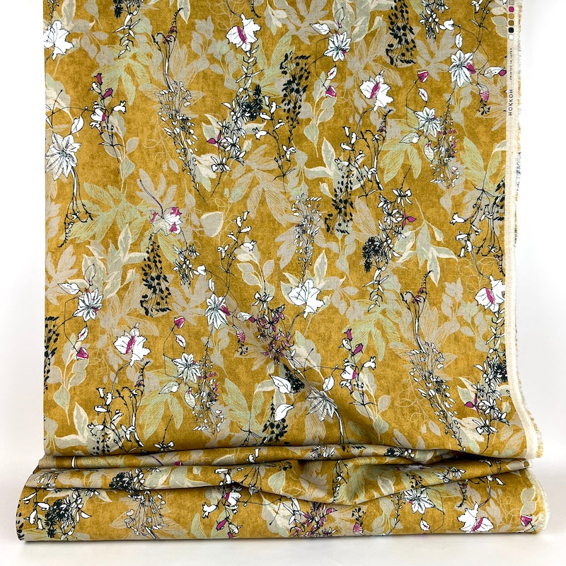 Hokkoh - Linen Cotton Sheeting - Sketch Scribble Leaves and Flowers - Gold