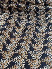 Hokkoh - Embroidered Cotton Lawn - Leaves - Ochre and Sky on Navy