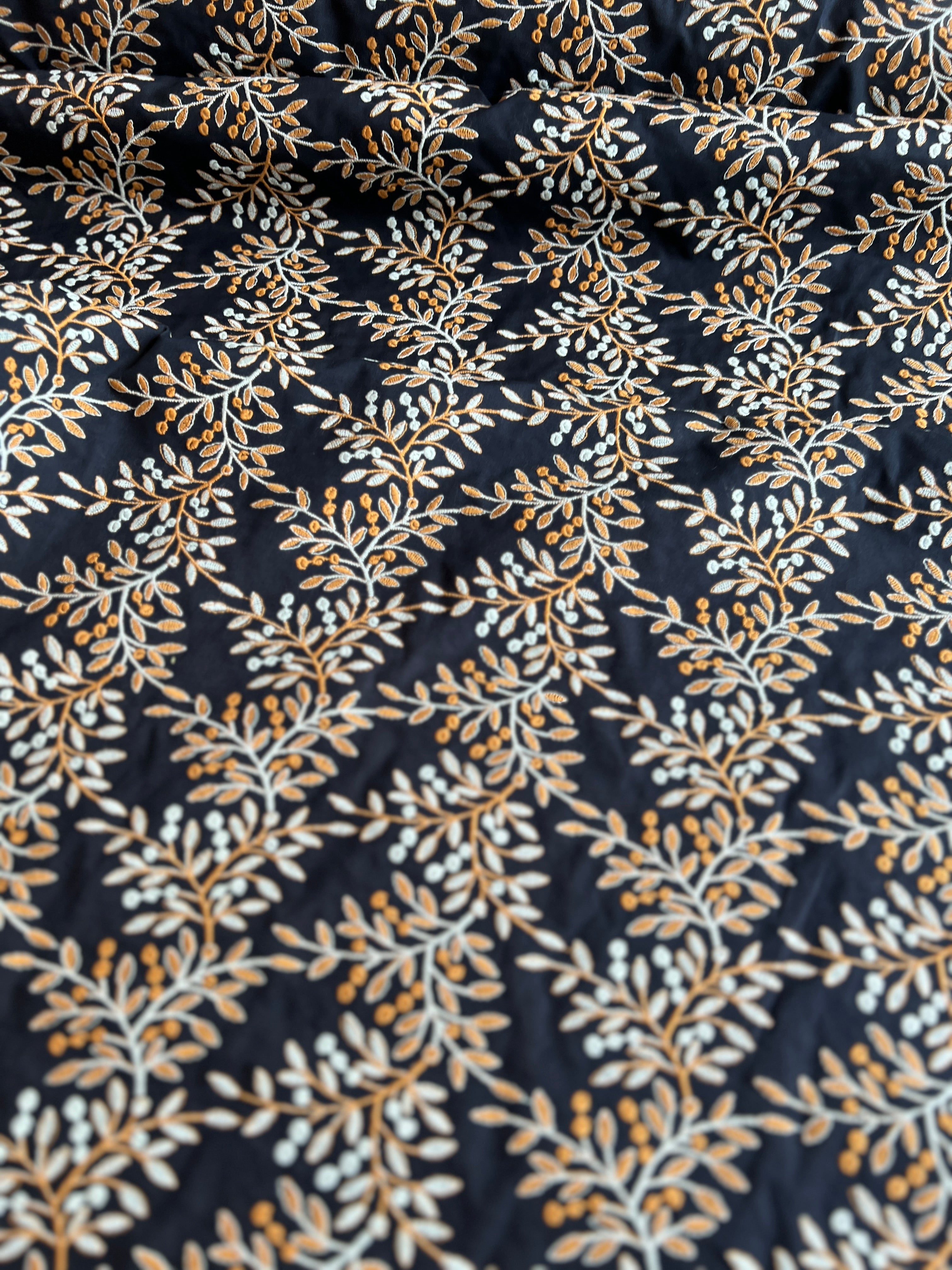 Hokkoh - Embroidered Cotton Lawn - Leaves - Ochre and Sky on Navy