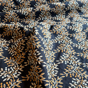 Hokkoh - Embroidered Cotton Lawn - Leaves - Ochre and Sky on Navy