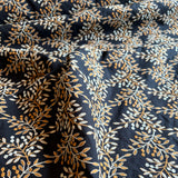 Hokkoh - Embroidered Cotton Lawn - Leaves - Ochre and Sky on Navy