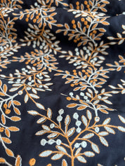 Hokkoh - Embroidered Cotton Lawn - Leaves - Ochre and Sky on Navy