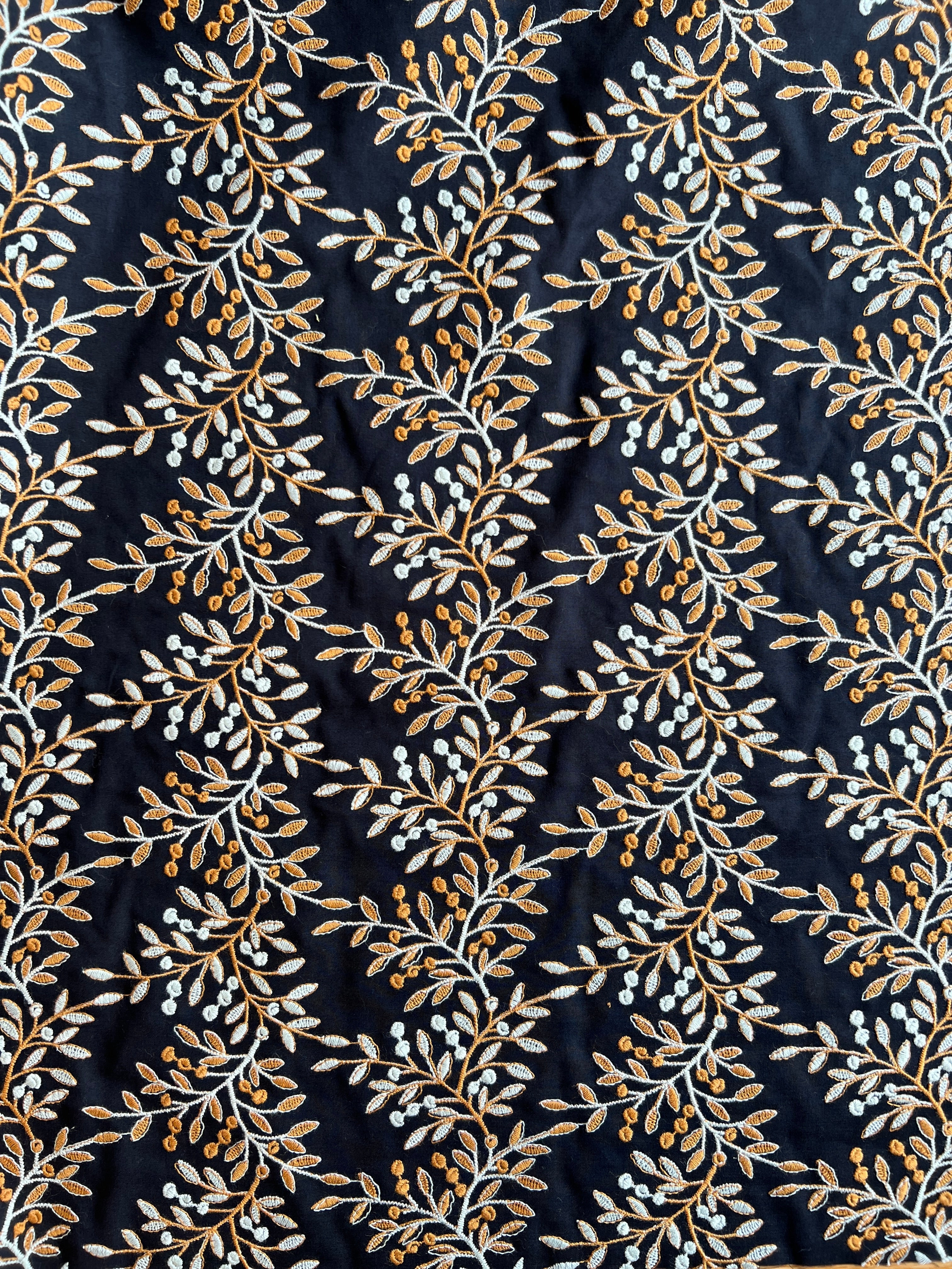 Hokkoh - Embroidered Cotton Lawn - Leaves - Ochre and Sky on Navy