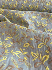 Hokkoh - Embroidered Cotton Lawn - Leaves - Sunshine and Taupe on Robin's Egg