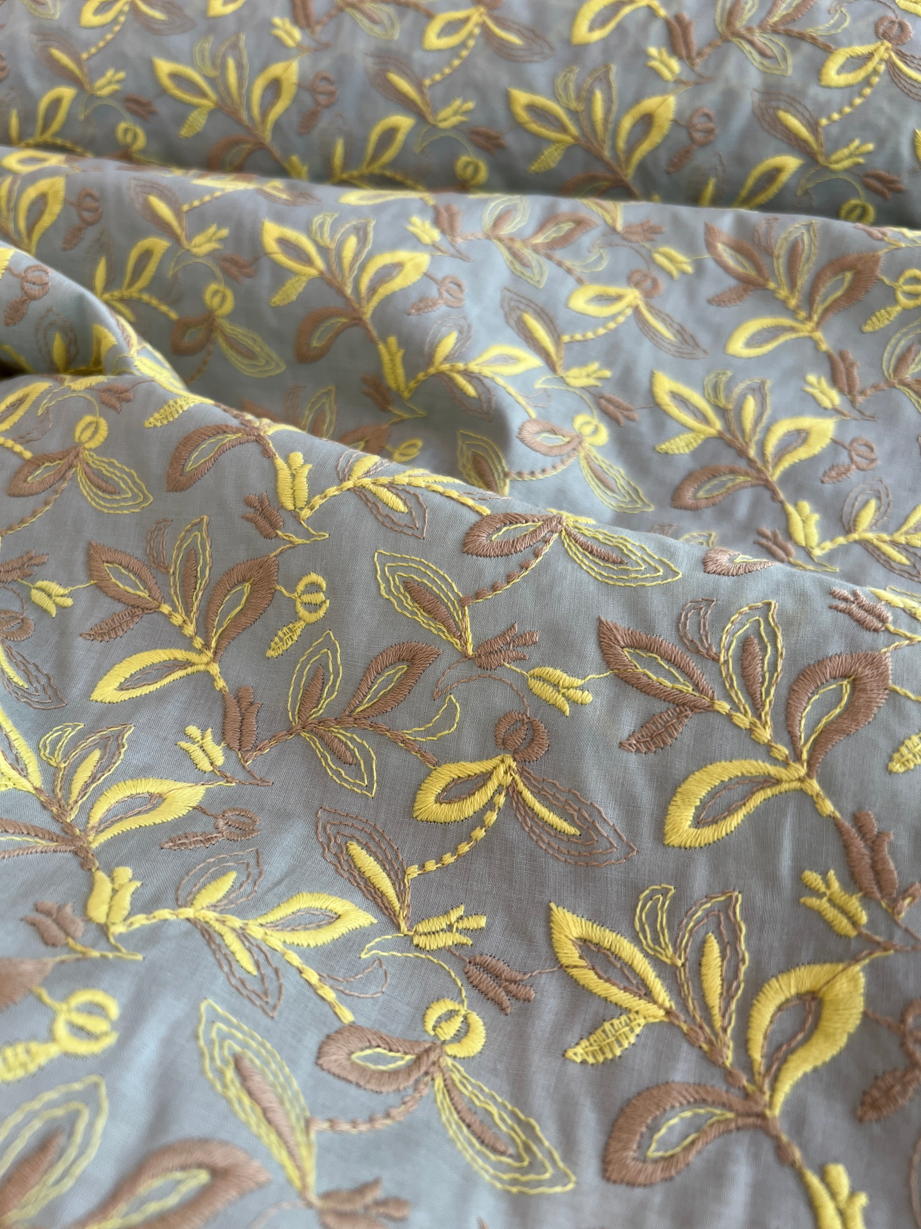 Hokkoh - Embroidered Cotton Lawn - Leaves - Sunshine and Taupe on Robin's Egg