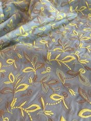 Hokkoh - Embroidered Cotton Lawn - Leaves - Sunshine and Taupe on Robin's Egg