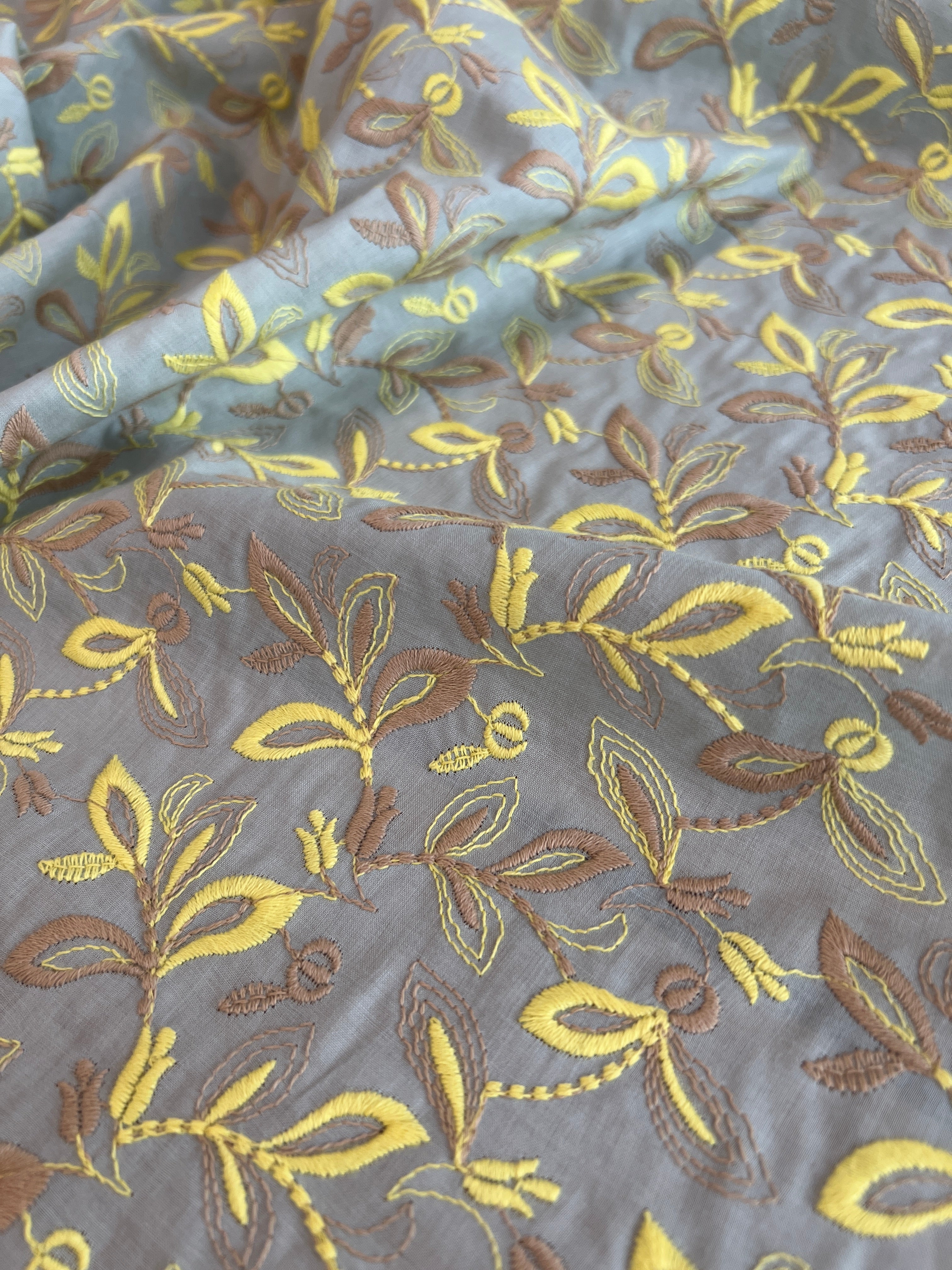 Hokkoh - Embroidered Cotton Lawn - Leaves - Sunshine and Taupe on Robin's Egg