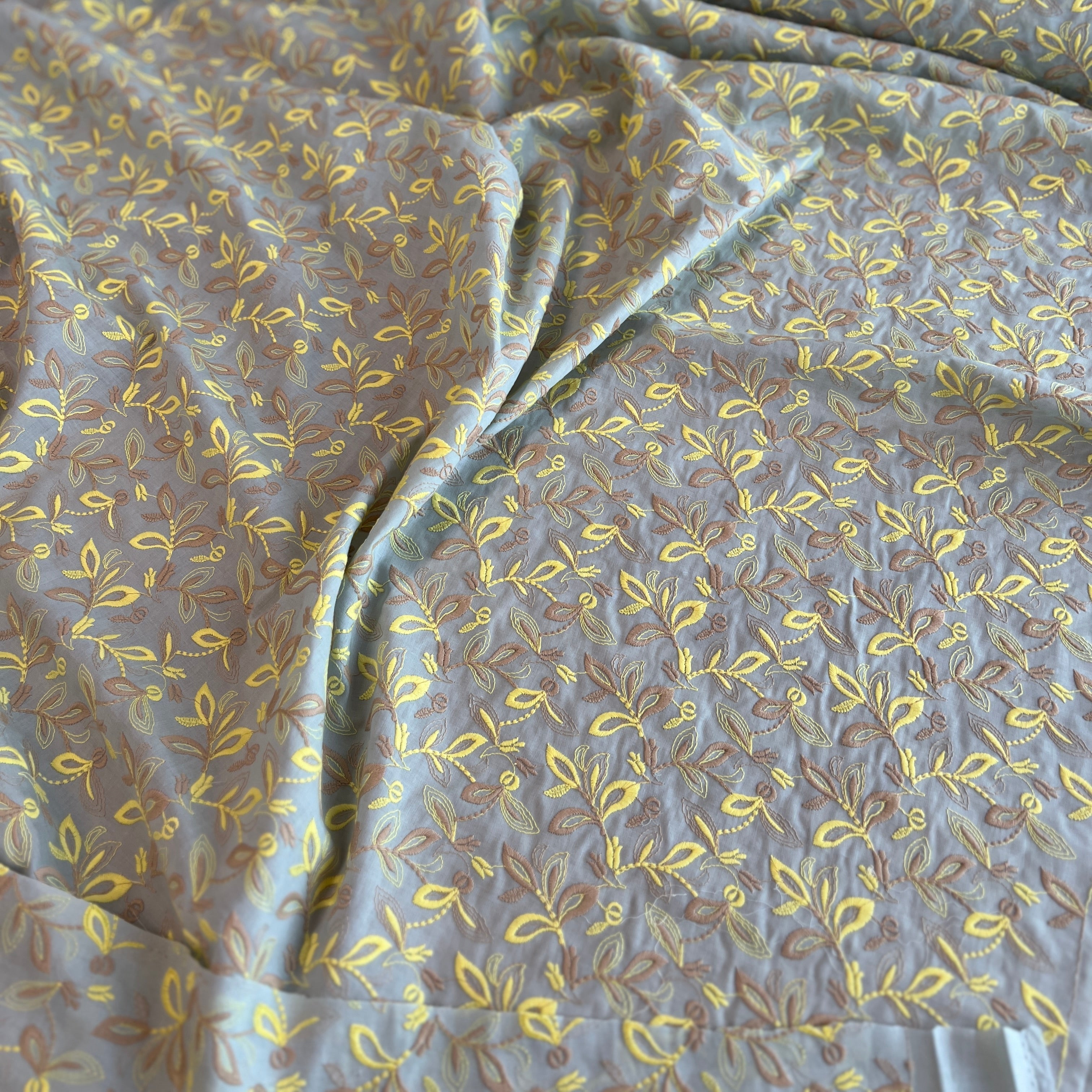 Hokkoh - Embroidered Cotton Lawn - Leaves - Sunshine and Taupe on Robin's Egg