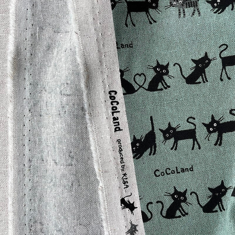 Hishiei - Lightweight Cotton Linen Canvas - CocoLand Cats - Dusty Teal