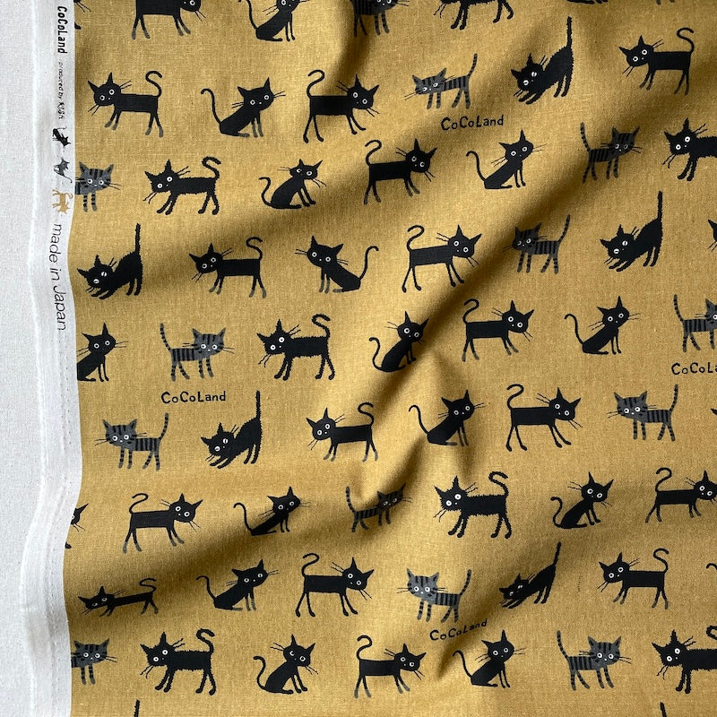 Hishiei - Lightweight Cotton Linen Canvas - CocoLand Cats - Mustard