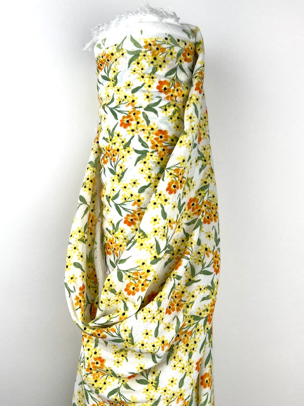 Deadstock - Rayon Crepon - Orange and Yellow Blooms on White
