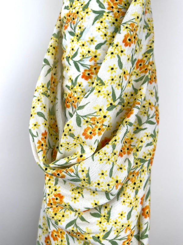 Deadstock - Rayon Crepon - Orange and Yellow Blooms on White