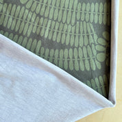 Close-up of fabric with green leaf pattern on gray background