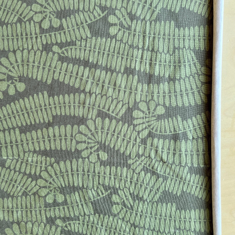 Fabric with green leaf pattern on gray background