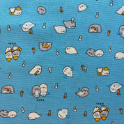 Pattern of cartoon-like characters on a blue background