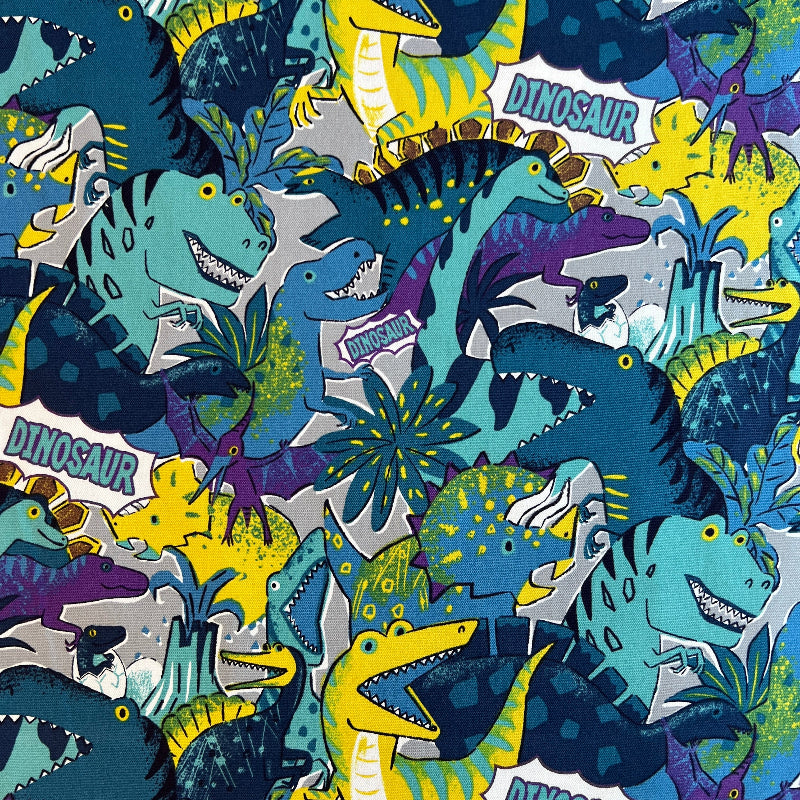 Colorful pattern of stylized dinosaurs on a white background