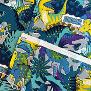 Colorful dinosaur illustrations on a textured background