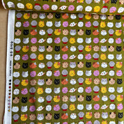 Asano - Cotton Sheeting - Smiling Cat Faces on Moss