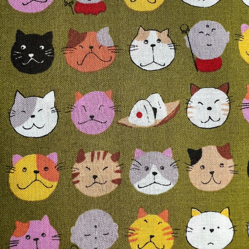 Asano - Cotton Sheeting - Smiling Cat Faces on Moss