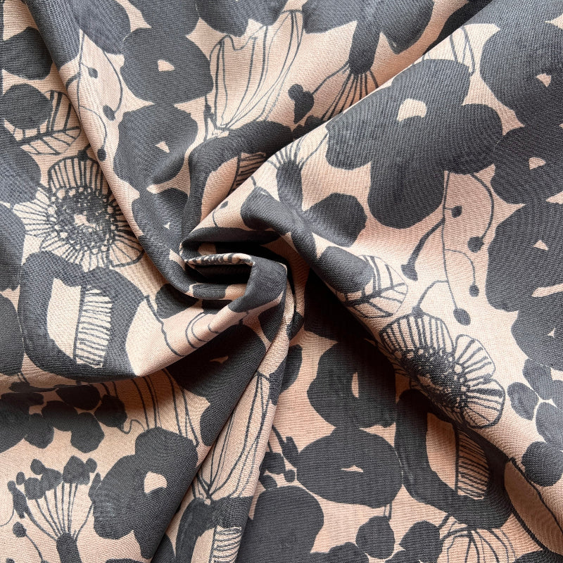 Kokka - Cotton Linen Sheeting - Peach & Charcoal Scandi Floral