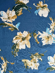 Hokkoh - Cotton Sheeting - Fingerpaint Gestural Floral - Cream & Mustard on Blue