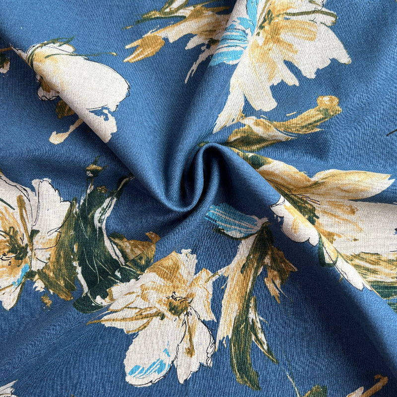 Hokkoh - Cotton Sheeting - Fingerpaint Gestural Floral - Cream & Mustard on Blue