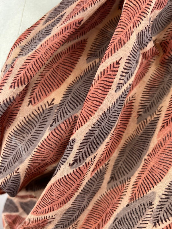 Kalamkari - Hand Block Print Mul Cotton - Leaves - Pink and Gray on Natural