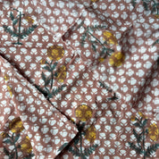Sanganeri Hand Block Print - Cotton - Leaves - Mums on Floral Motif - Cocoa Powder