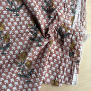 Sanganeri Hand Block Print - Cotton - Leaves - Mums on Floral Motif - Cocoa Powder