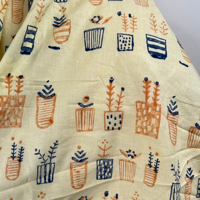 Hand Block Print Cotton - Houseplants - Navy and Orange on Lemon Custard