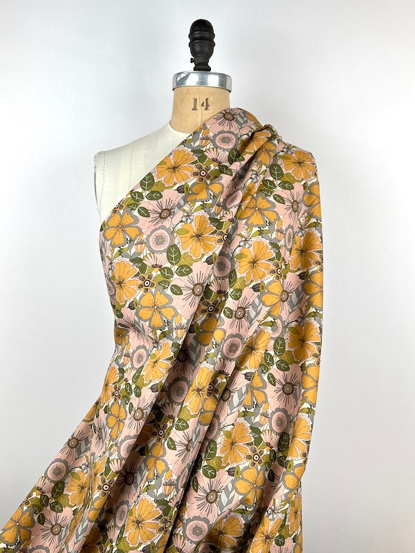 Kobayashi - Cotton Linen Lightweight Canvas - Vintage Flowers - Mustard and Pink