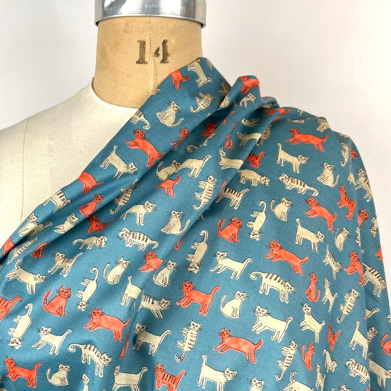 Hokkoh - Cotton Lawn - Cat Sketch - Orange and Natural on Teal