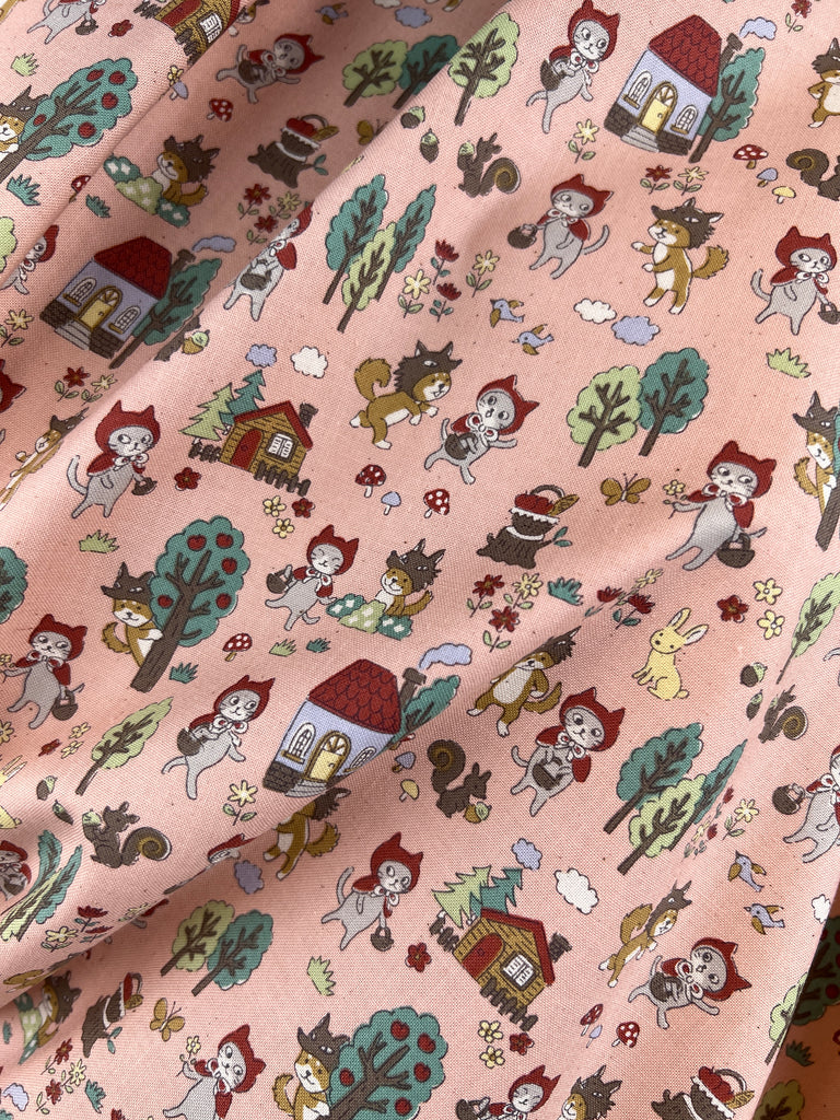 Kokka - Cotton Sheeting - Funny Cats - Little Red Riding Hood Cats - Pink