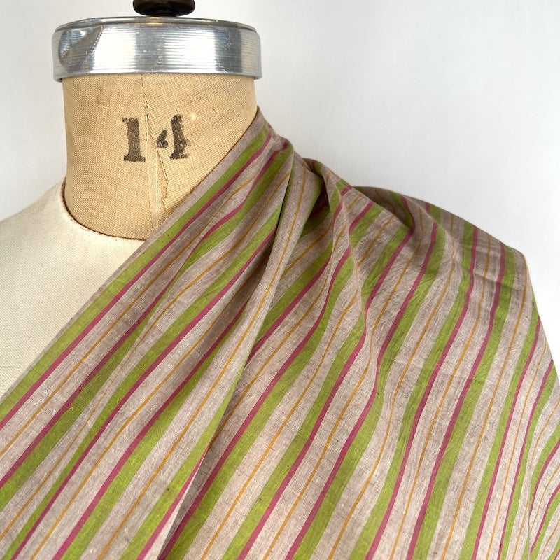 Khadi Handwoven Cotton - Yarn Dyed Stripe - Taupe with Green and Pink