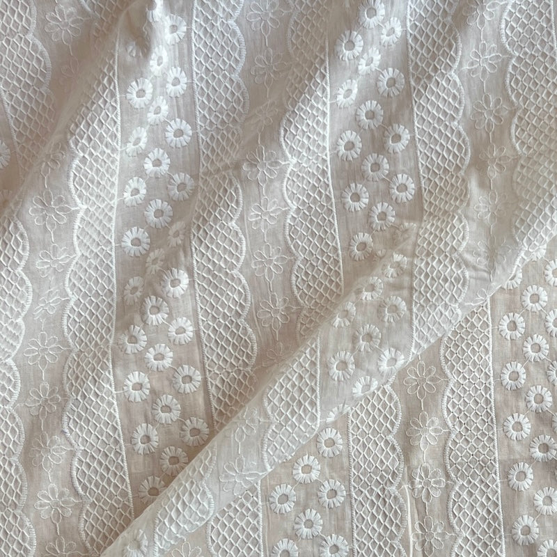 Pigeon Wishes - Striped Floral Embroidered Cotton - Ivory