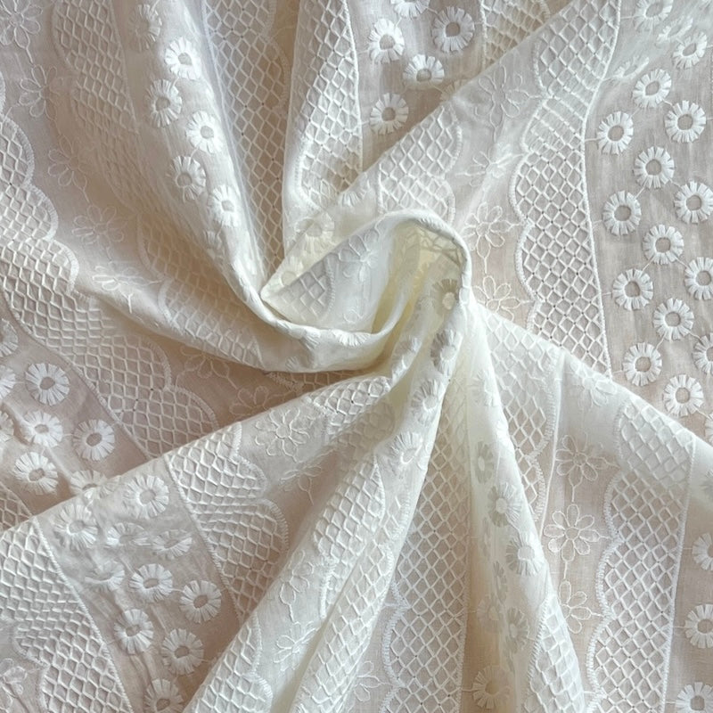Pigeon Wishes - Striped Floral Embroidered Cotton - Ivory