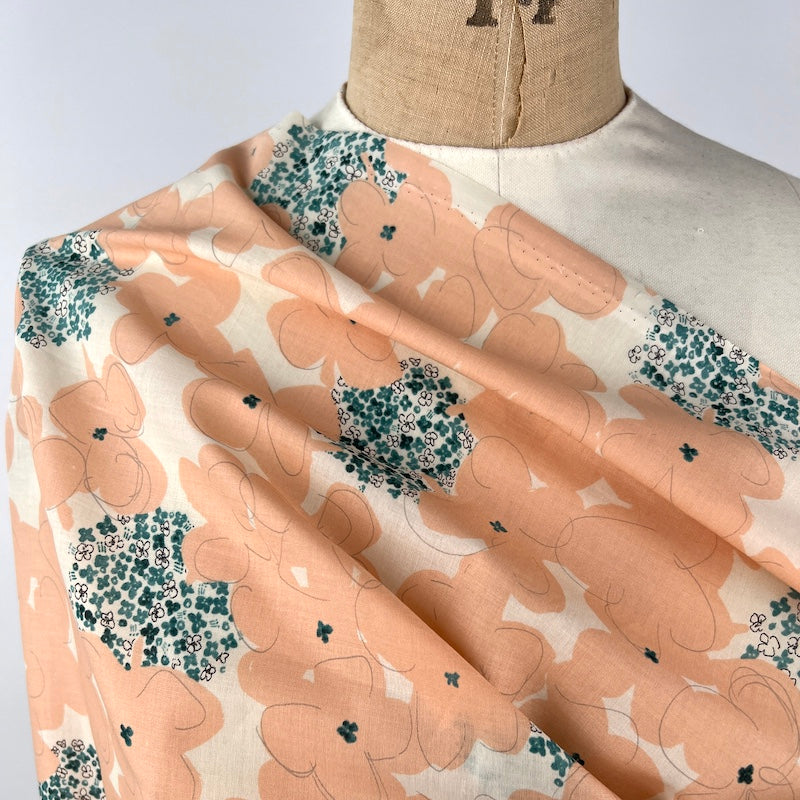 Hokkoh - Cotton Lawn - Big and Little Floral - Peach and Teal fabric