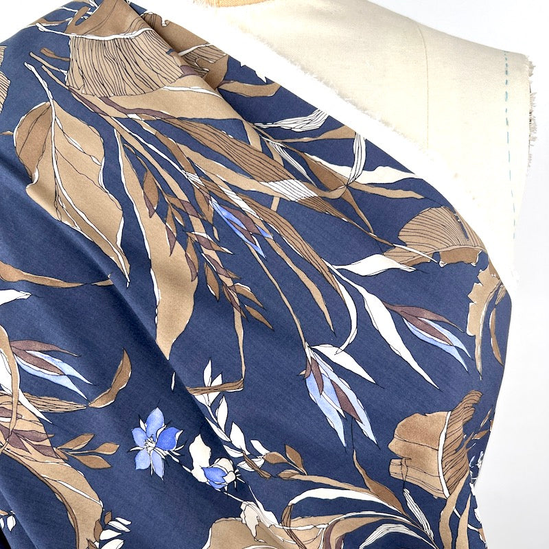 Hokkoh - Cotton Rayon Lawn - Watercolor Leaves - Brown on Navy fabric